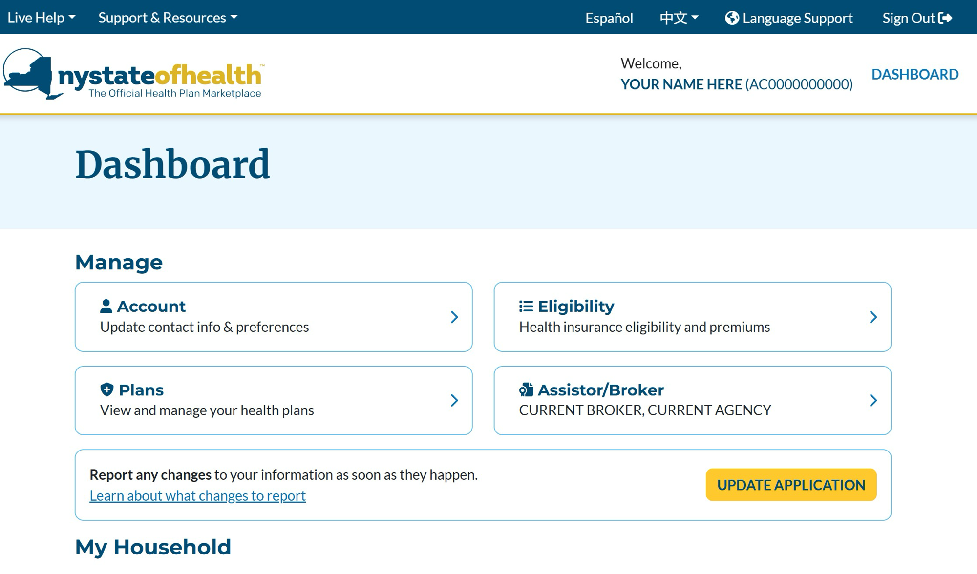 NY State of Health Dashboard showing the Assistor/Broker tile alongside Account, Eligibility, and Plans