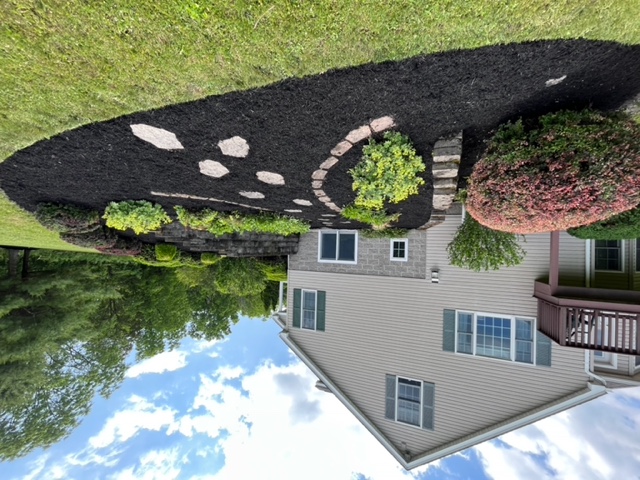 A landscaped garden bed next to a house. There is also a retaining wall.